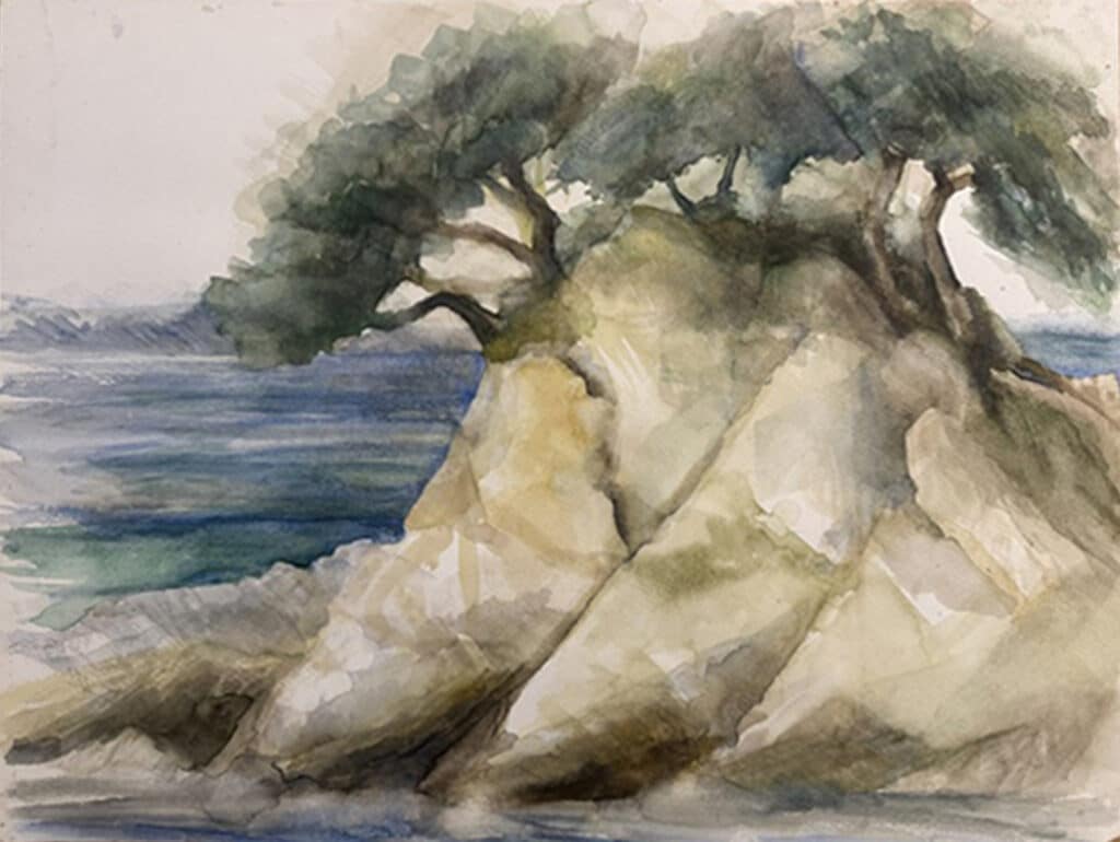 Frank Renssen, dennen in het Comomeer, aquarel